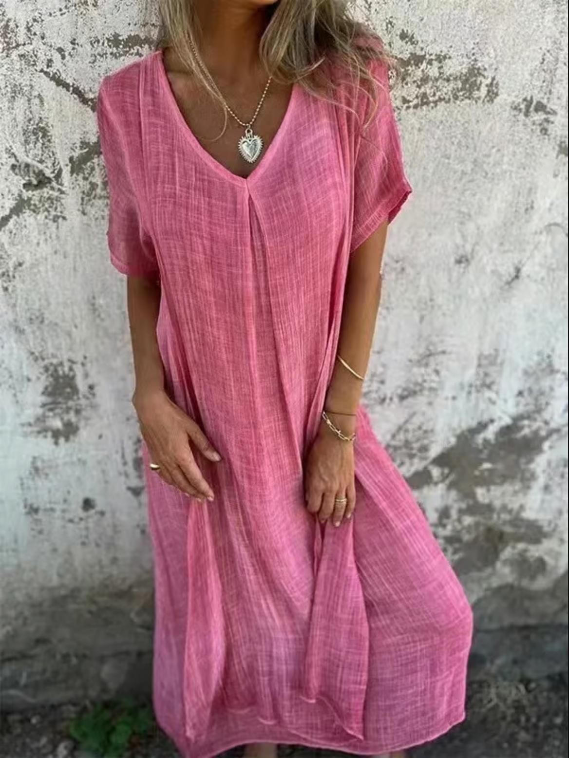 Cotton and Linen V-neck Midi Dress (Buy 2 Free shipping)